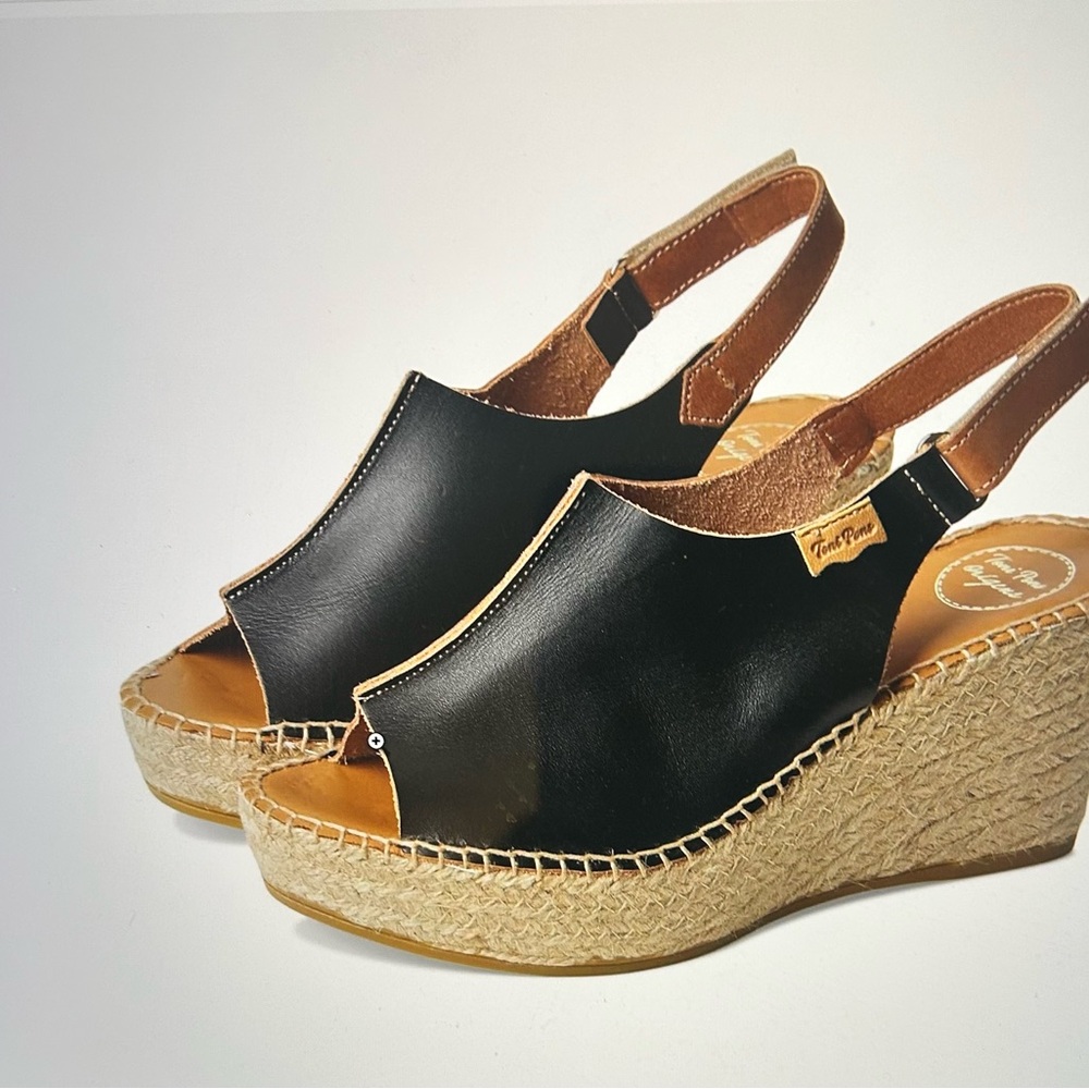 Women’s Black Leather Espadrille Wedge Slingback Sandals Only worn once indoors